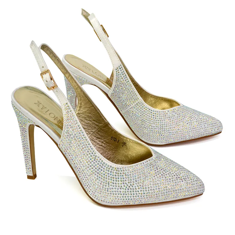 Divine Diamante Pointed Toe Slingback Bridal High Heel Stilettos in Ivory sold by XYlondon