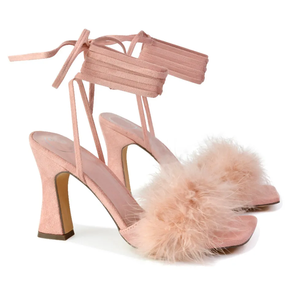 Lovelyn Fluffy Faux Fur Strappy Block Heel Lace Up Sandals in Pink Faux Suede sold by XYlondon product image thumbnail 3