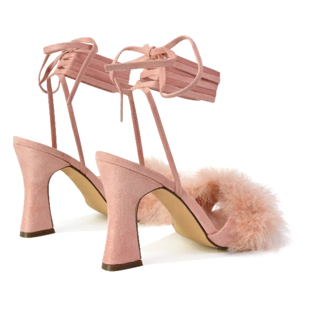 Lovelyn Fluffy Faux Fur Strappy Block Heel Lace Up Sandals in Pink Faux Suede sold by XYlondon product image thumbnail 4