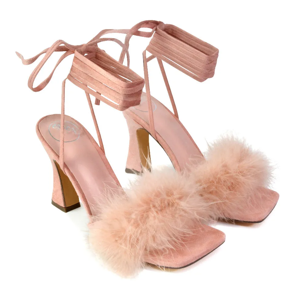 Lovelyn Fluffy Faux Fur Strappy Block Heel Lace Up Sandals in Pink Faux Suede sold by XYlondon