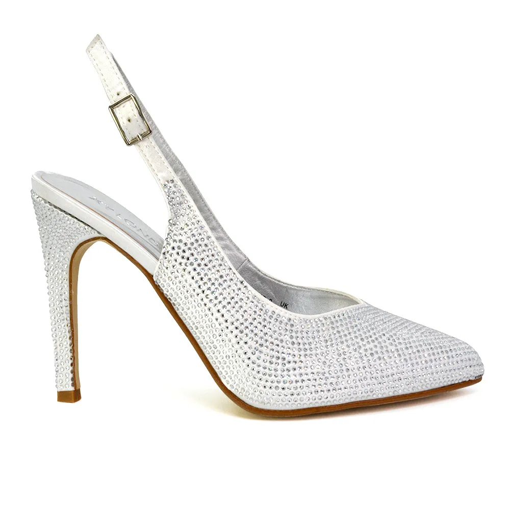 Divine Diamante Pointed Toe Slingback Bridal High Heel Stilettos in White sold by XYlondon product image thumbnail 3