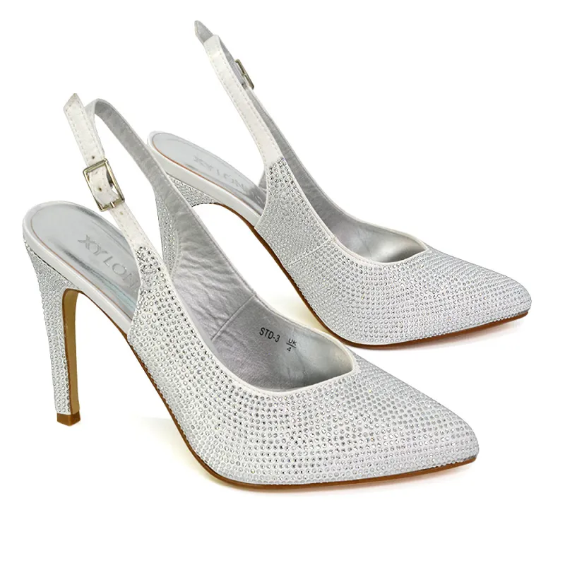 Divine Diamante Pointed Toe Slingback Bridal High Heel Stilettos in White sold by XYlondon