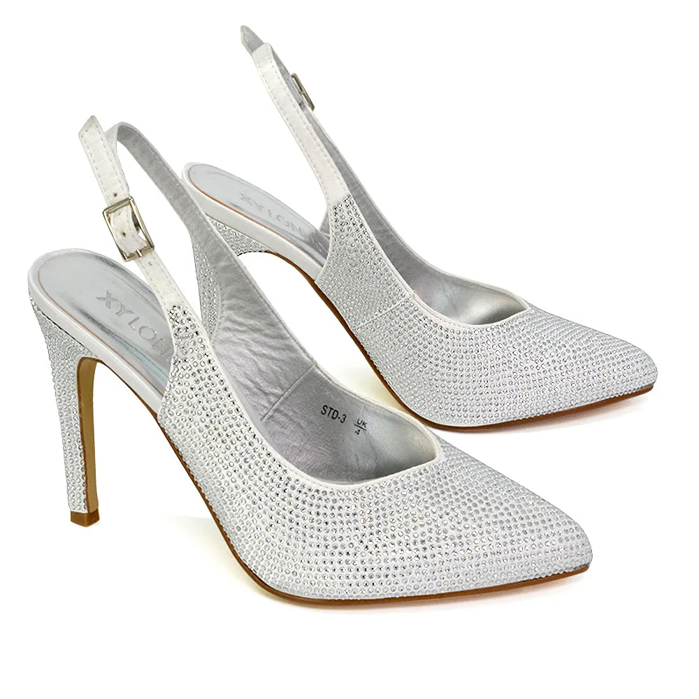 Divine Diamante Pointed Toe Slingback Bridal High Heel Stilettos in White sold by XYlondon