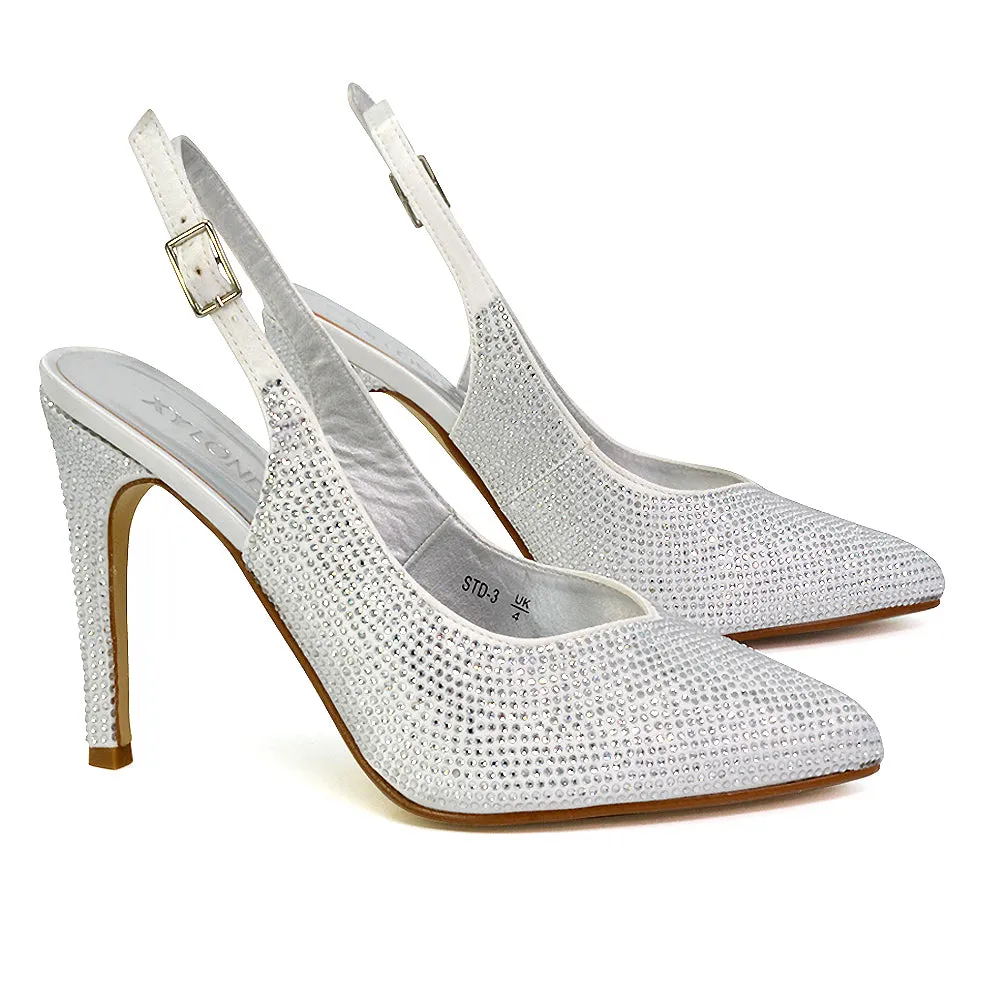 Divine Diamante Pointed Toe Slingback Bridal High Heel Stilettos in White sold by XYlondon product image thumbnail 4