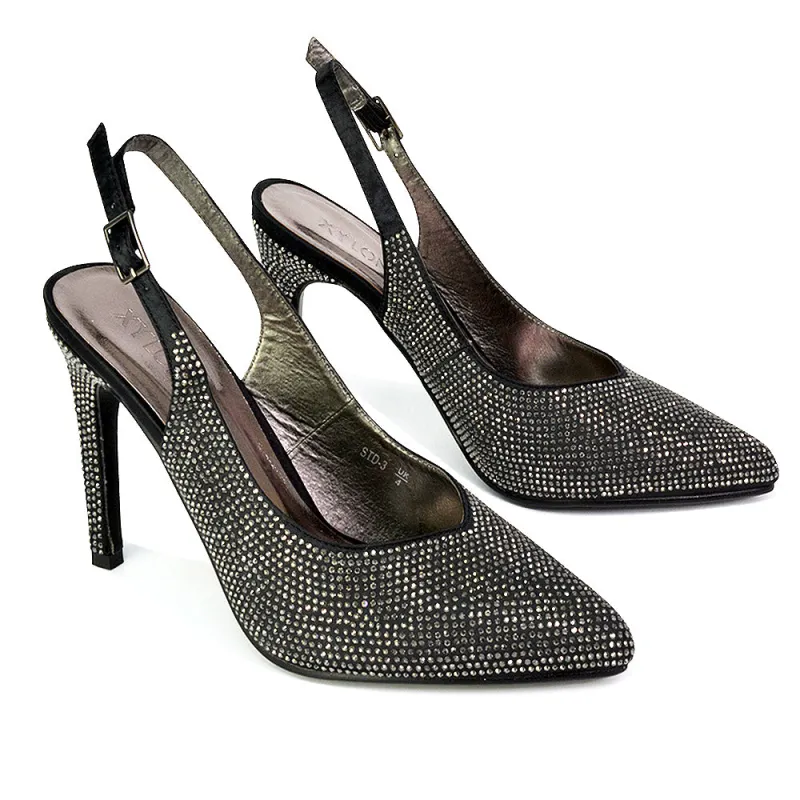 Divine Diamante Pointed Toe Slingback Bridal High Heel Stilettos in Black sold by XYlondon