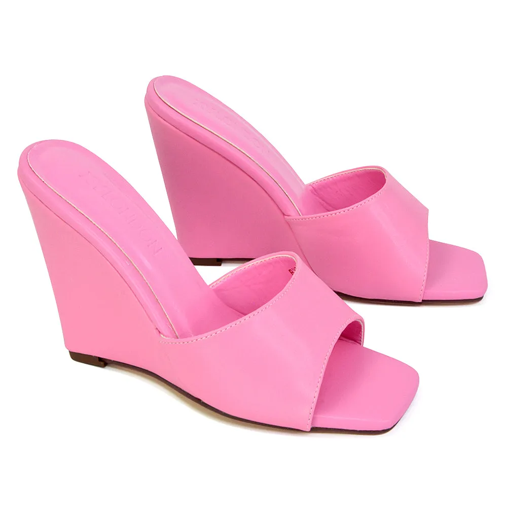 Otis Slip On Square Toe Wedge High Heeled Mule Summer Sandals in Pink sold by XYlondon