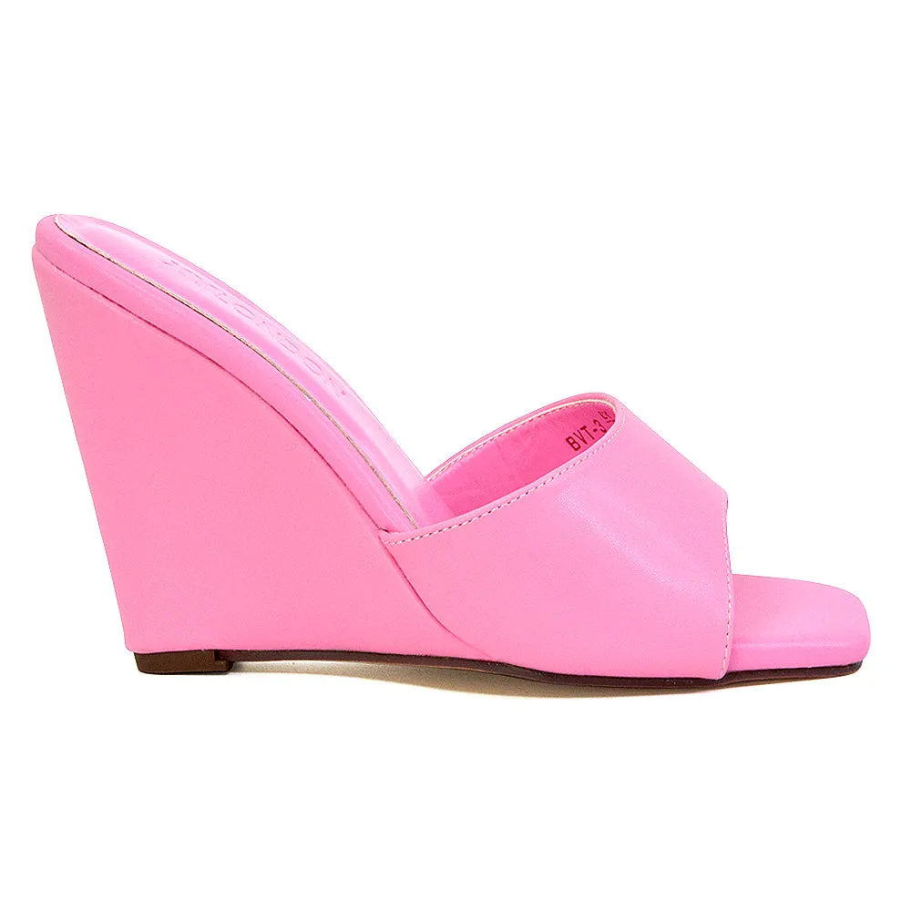 Otis Slip On Square Toe Wedge High Heeled Mule Summer Sandals in Pink sold by XYlondon product image thumbnail 3