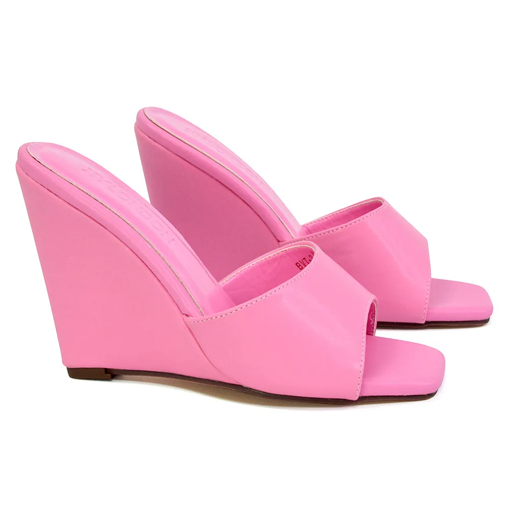 Otis Slip On Square Toe Wedge High Heeled Mule Summer Sandals in Pink sold by XYlondon product image thumbnail 5