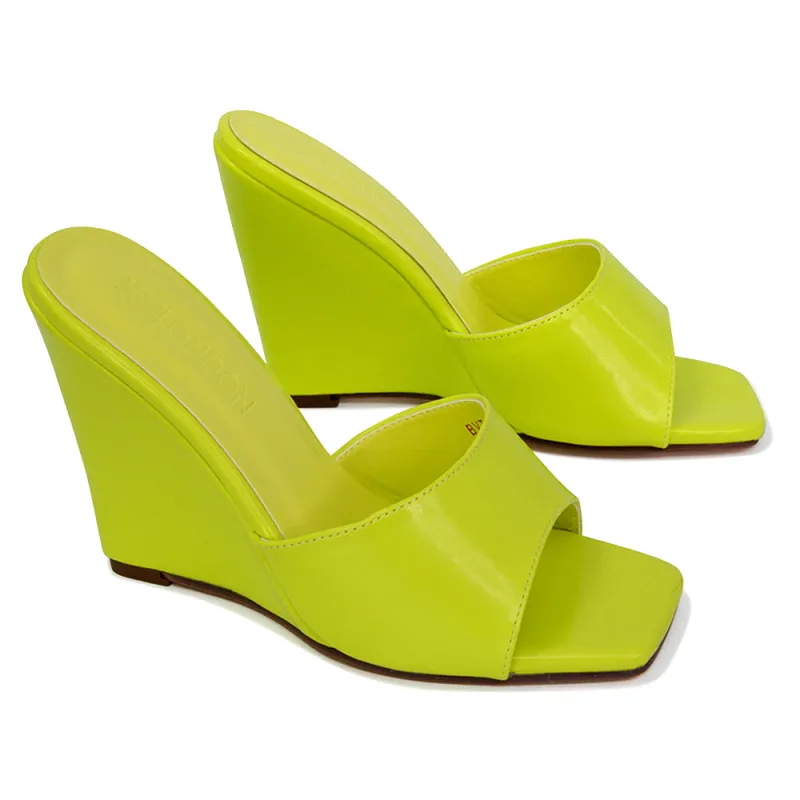 Otis Slip On Square Toe Wedge High Heeled Mule Summer Sandal Slides in Light Green sold by XYlondon