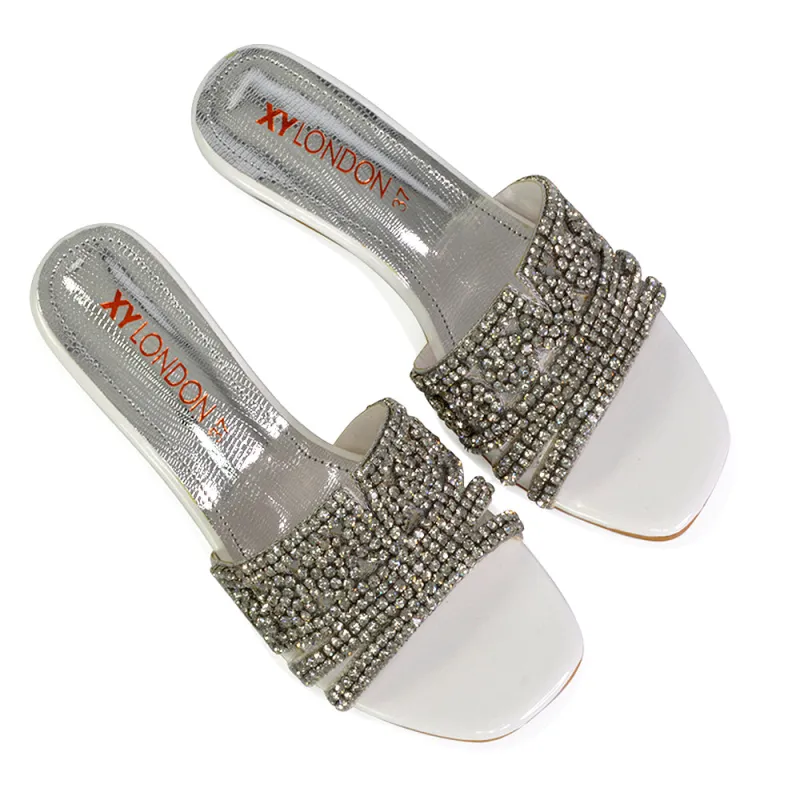 Olive Square Toe Embellished Diamante Wedge Heel Sandals in White sold by XYlondon