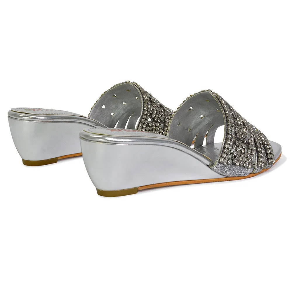 Olive Square Toe Embellished Diamante Wedge Heel Sandals in Silver sold by XYlondon product image thumbnail 5