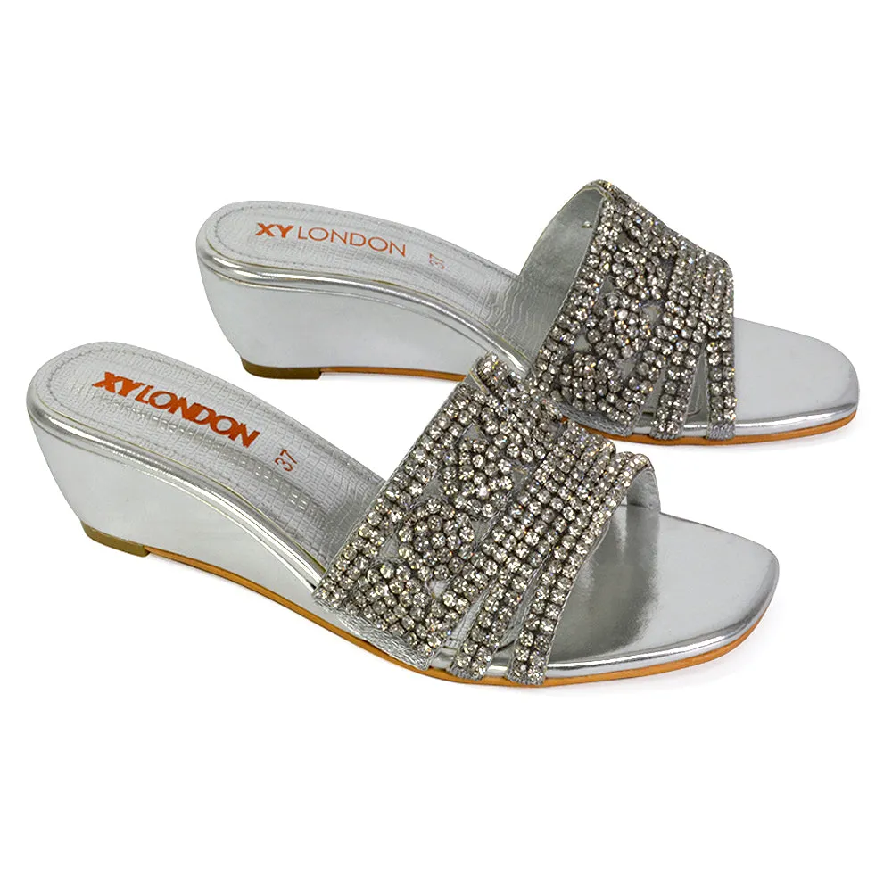Olive Square Toe Embellished Diamante Wedge Heel Sandals in Silver sold by XYlondon product image thumbnail 4