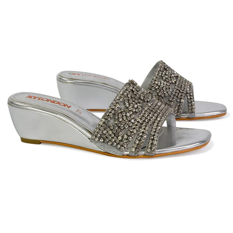 Olive Square Toe Embellished Diamante Wedge Heel Sandals in Silver sold by XYlondon