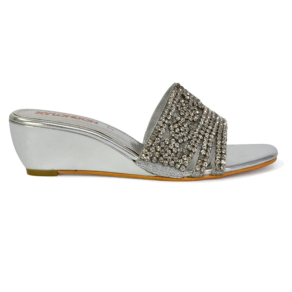 Olive Square Toe Embellished Diamante Wedge Heel Sandals in Silver sold by XYlondon product image thumbnail 3