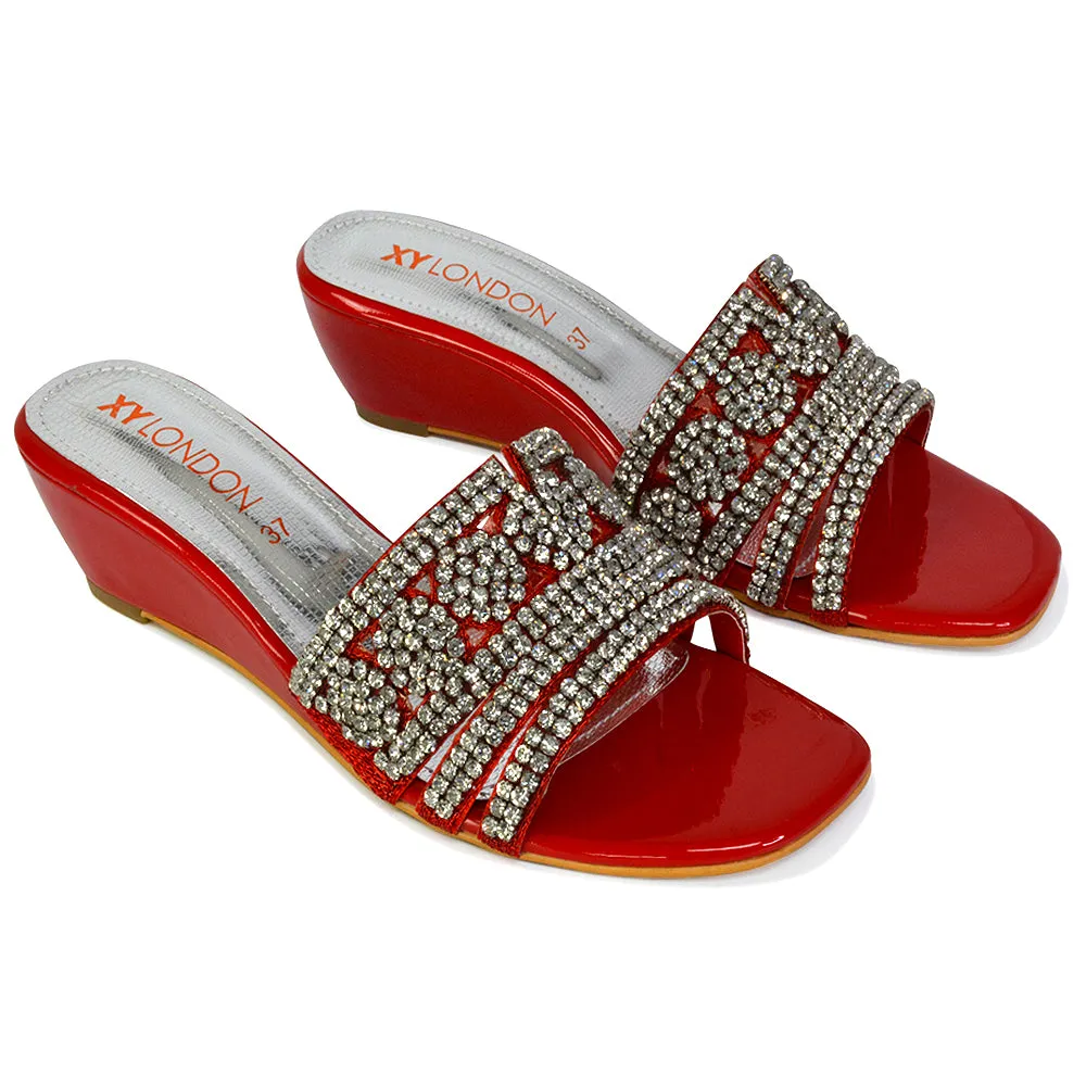 Olive Square Toe Embellished Diamante Wedge Heel Sandals in Red sold by XYlondon product image thumbnail 2