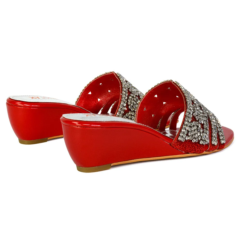 Olive Square Toe Embellished Diamante Wedge Heel Sandals in Red sold by XYlondon product image thumbnail 5