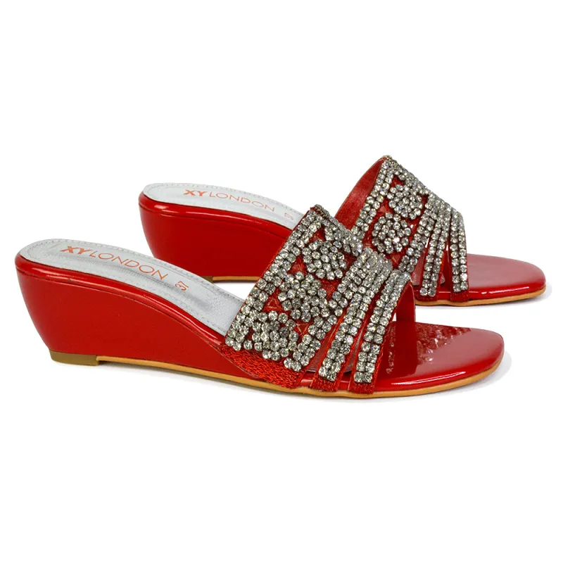 Olive Square Toe Embellished Diamante Wedge Heel Sandals in Red sold by XYlondon