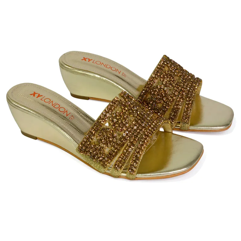 Olive Square Toe Embellished Diamante Wedge Heel Sandals in Gold sold by XYlondon