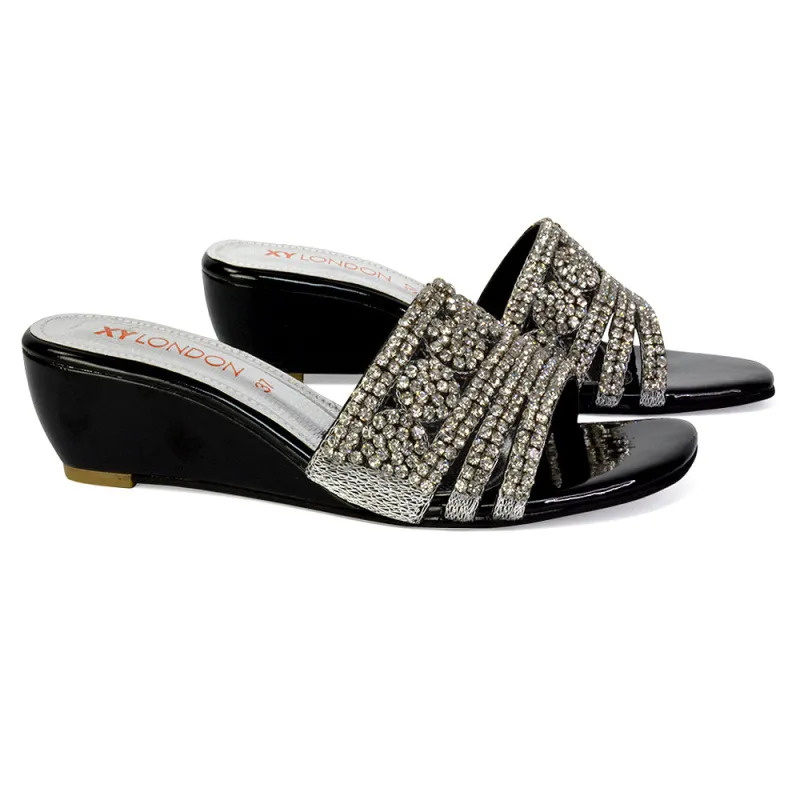 Olive Square Toe Embellished Diamante Wedge Heel Sandals in Black sold by XYlondon