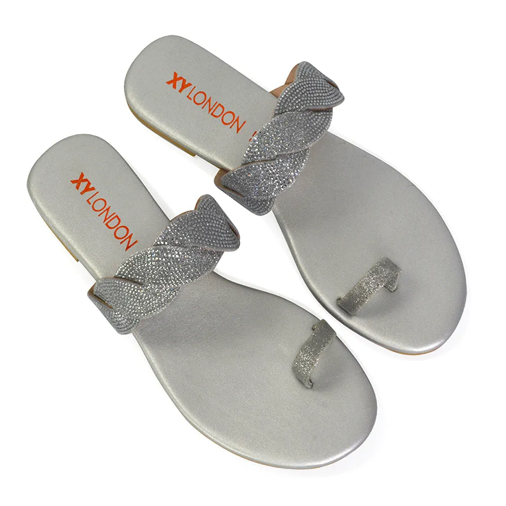 Dreamer Diamante Strap Toe Post Ring Flat Summer Woven Sandal Sliders in Silver sold by XYlondon product image thumbnail 5