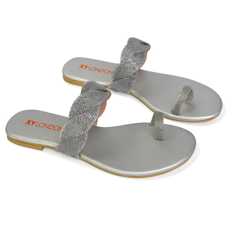 Dreamer Diamante Strap Toe Post Ring Flat Summer Woven Sandal Sliders in Silver sold by XYlondon