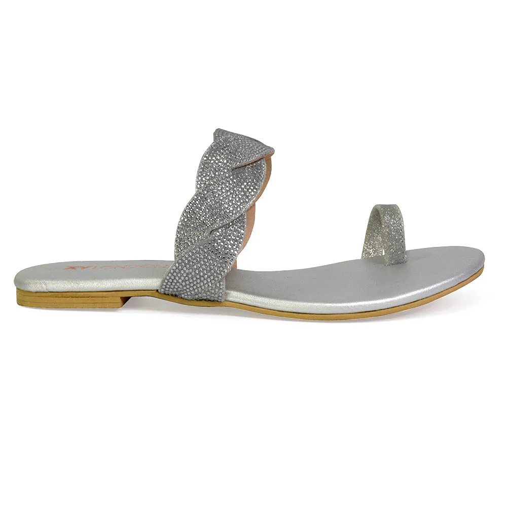 Dreamer Diamante Strap Toe Post Ring Flat Summer Woven Sandal Sliders in Silver sold by XYlondon product image thumbnail 3