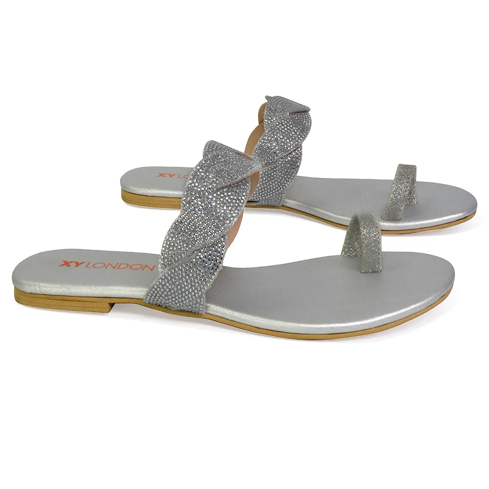 Dreamer Diamante Strap Toe Post Ring Flat Summer Woven Sandal Sliders in Silver sold by XYlondon product image thumbnail 4