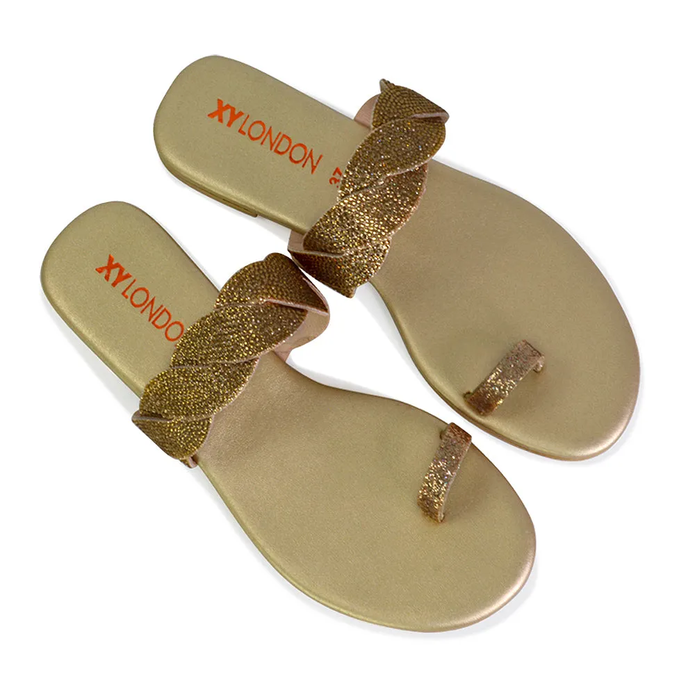 Dreamer Diamante Strap Toe Post Ring Flat Summer Woven Sandal Sliders in Gold sold by XYlondon product image thumbnail 5