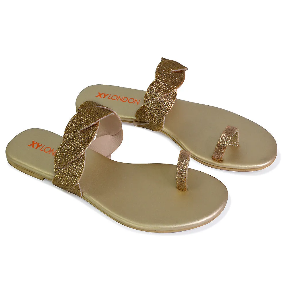 Dreamer Diamante Strap Toe Post Ring Flat Summer Woven Sandal Sliders in Gold sold by XYlondon product image thumbnail 4