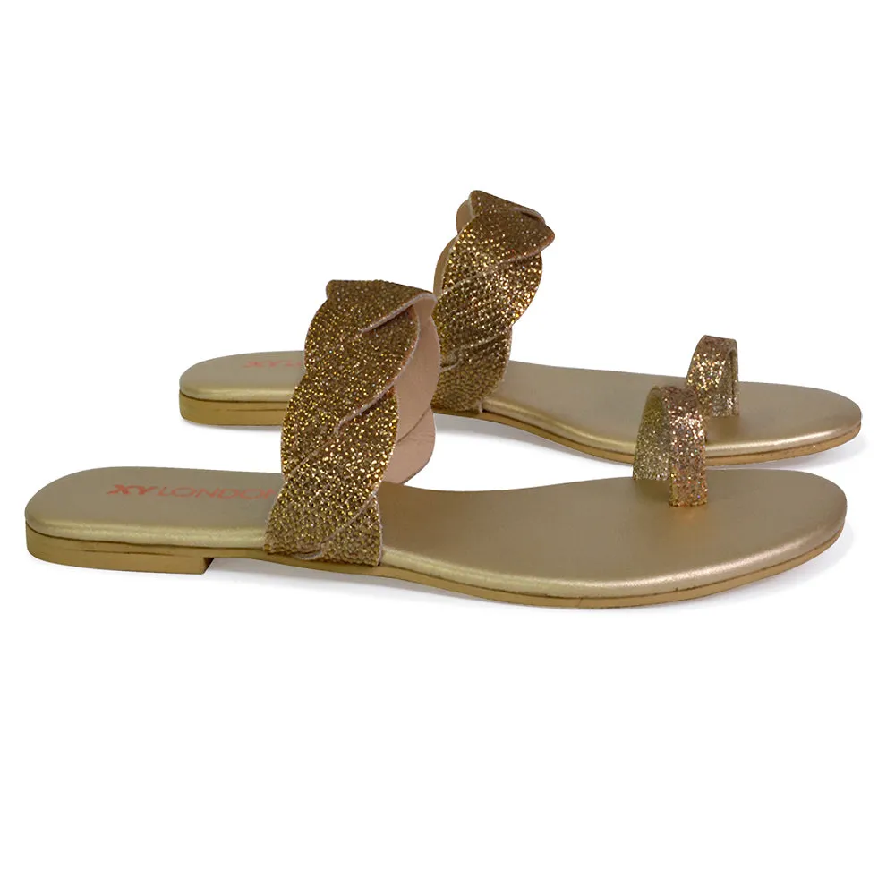 Dreamer Diamante Strap Toe Post Ring Flat Summer Woven Sandal Sliders in Gold sold by XYlondon