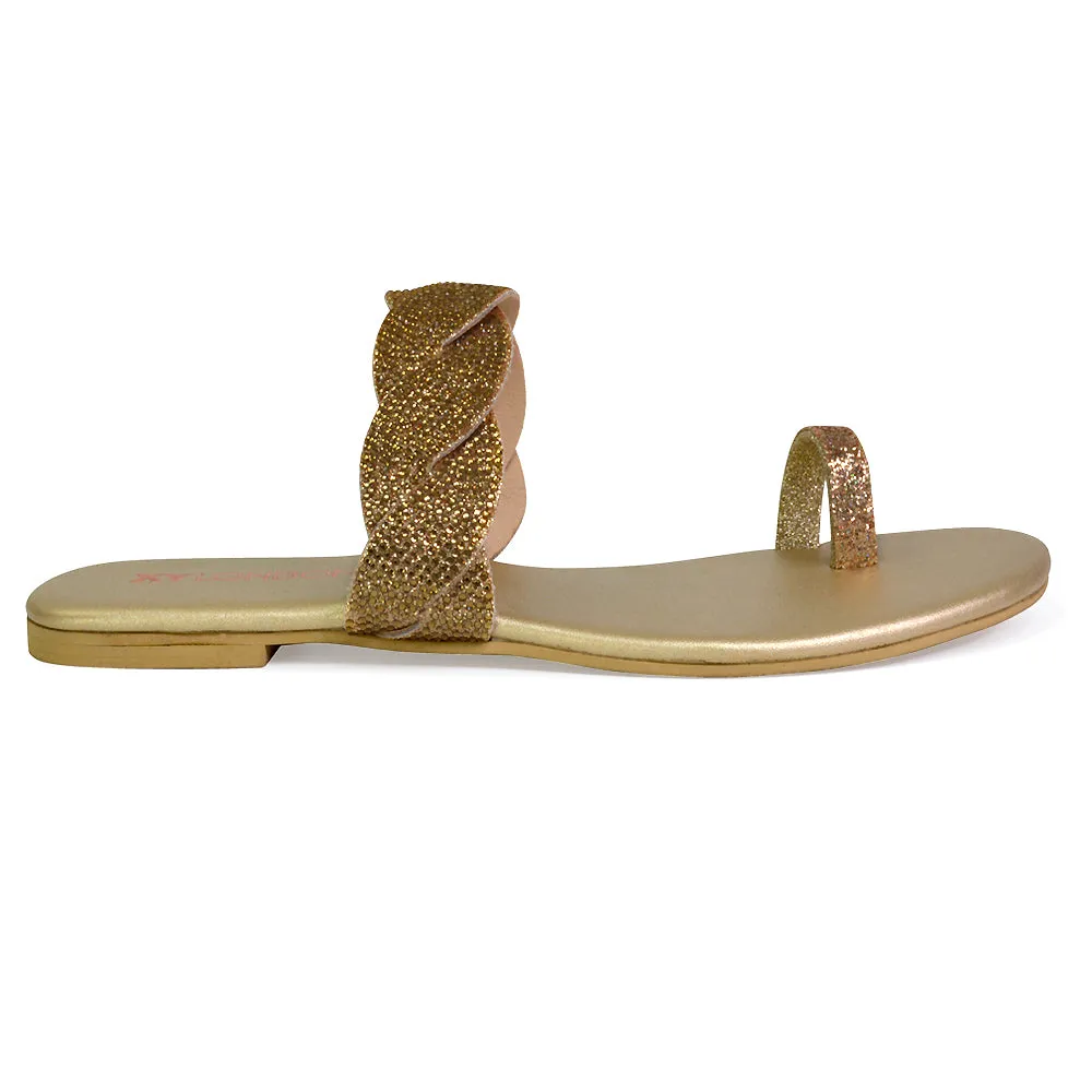 Dreamer Diamante Strap Toe Post Ring Flat Summer Woven Sandal Sliders in Gold sold by XYlondon product image thumbnail 3