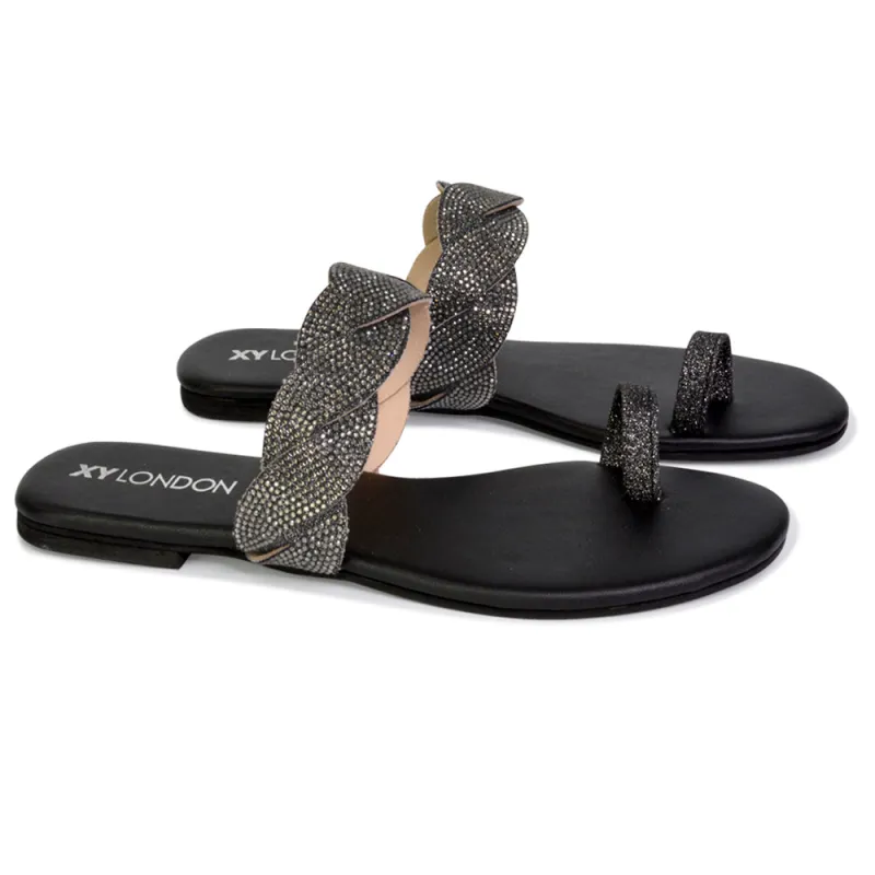 Dreamer Diamante Strap Toe Post Ring Flat Summer Woven Sandal Sliders in Black sold by XYlondon