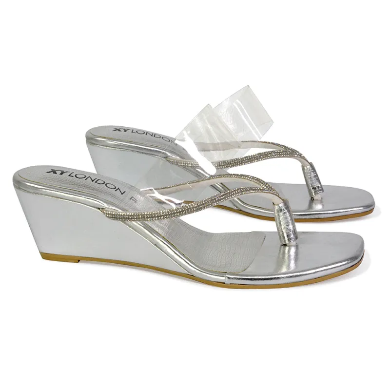 Mirabel Square Toe Post Perspex Wedge Heel Diamante Sandals in Silver sold by XYlondon