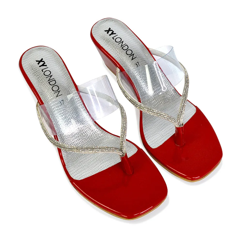 Mirabel Square Toe Post Perspex Wedge Heel Diamante Sandals in Red sold by XYlondon product image thumbnail 5