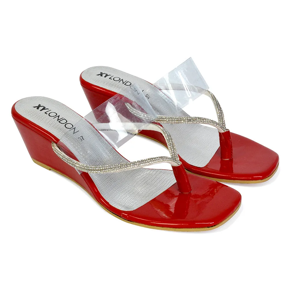 Mirabel Square Toe Post Perspex Wedge Heel Diamante Sandals in Red sold by XYlondon product image thumbnail 4
