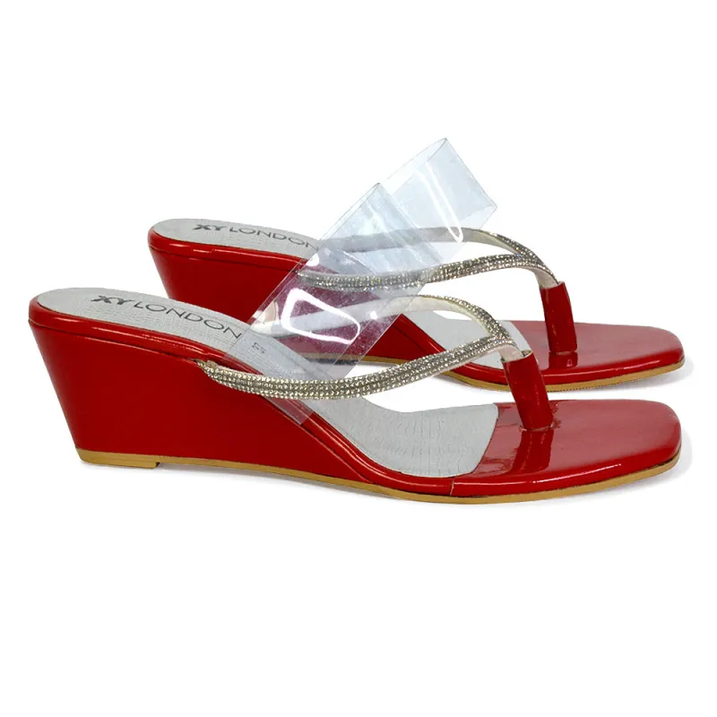 Mirabel Square Toe Post Perspex Wedge Heel Diamante Sandals in Red sold by XYlondon