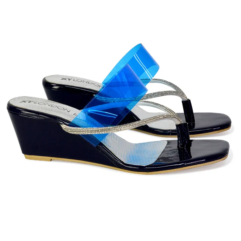 Mirabel Square Toe Post Perspex Wedge Heel Diamante Sandals in Blue sold by XYlondon