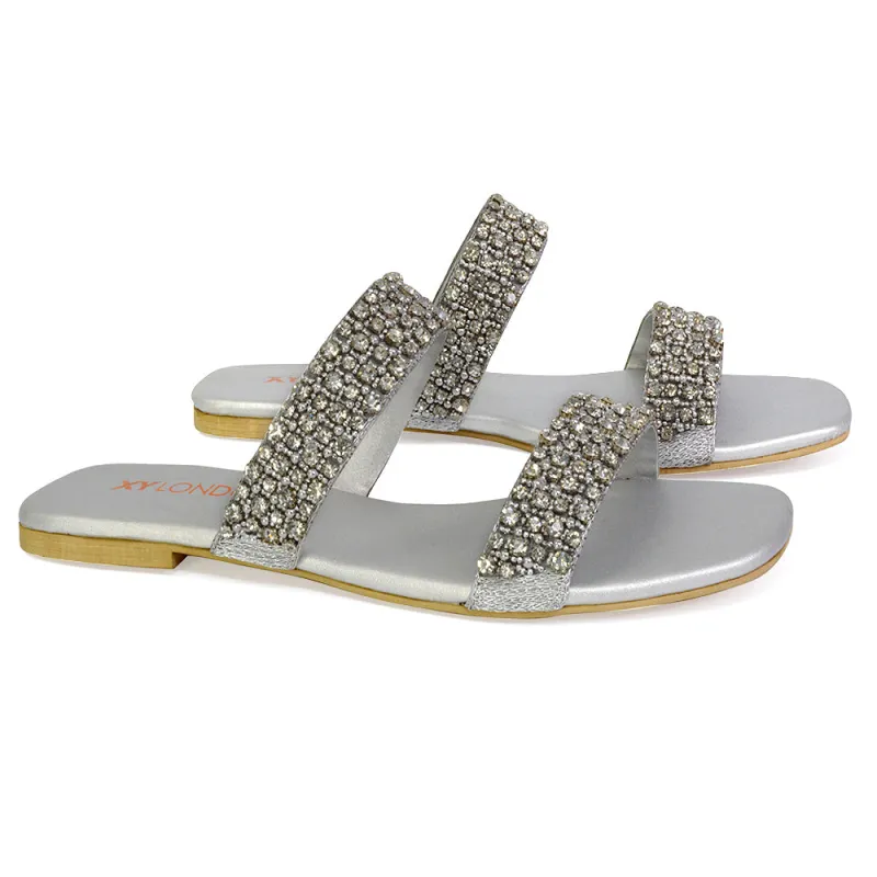 Justina Sparkly Embellished Square Toe Double Strappy Flat Diamante Sandals in Silver sold by XYlondon
