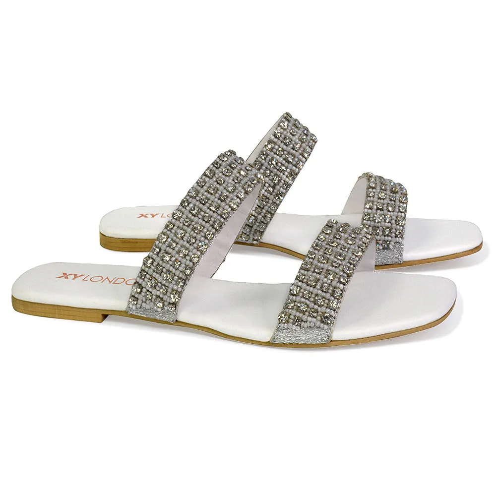Justina Sparkly Embellished Square Toe Double Strappy Flat Diamante Sandals in White sold by XYlondon