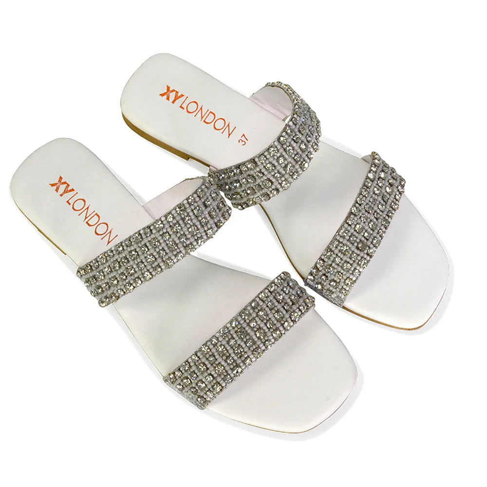 Justina Sparkly Embellished Square Toe Double Strappy Flat Diamante Sandals in White sold by XYlondon product image thumbnail 4