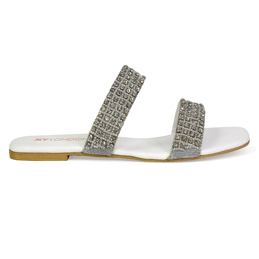 Justina Sparkly Embellished Square Toe Double Strappy Flat Diamante Sandals in White sold by XYlondon product image thumbnail 2