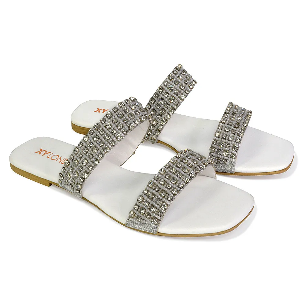 Justina Sparkly Embellished Square Toe Double Strappy Flat Diamante Sandals in White sold by XYlondon product image thumbnail 3