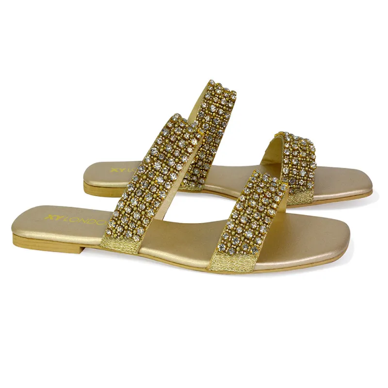 Justina Sparkly Embellished Square Toe Double Strappy Flat Diamante Sandals in Gold sold by XYlondon