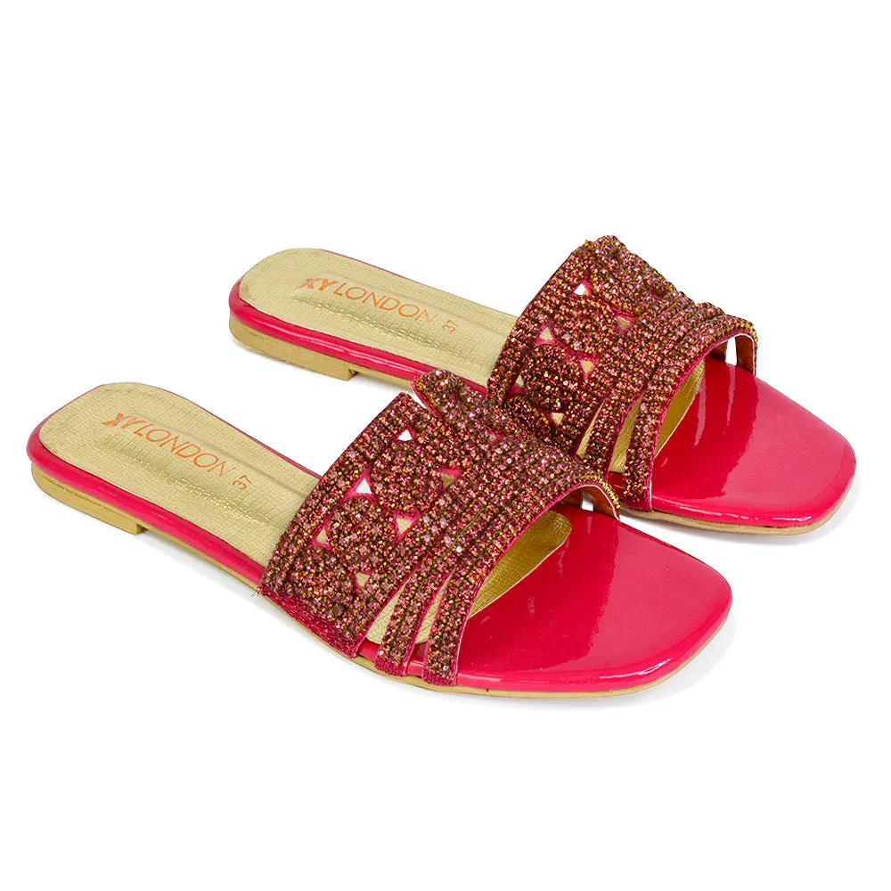 Sam Cut Out Square Toe Sparkly Front Strap Flat Diamante Sandals in Pink sold by XYlondon product image thumbnail 4