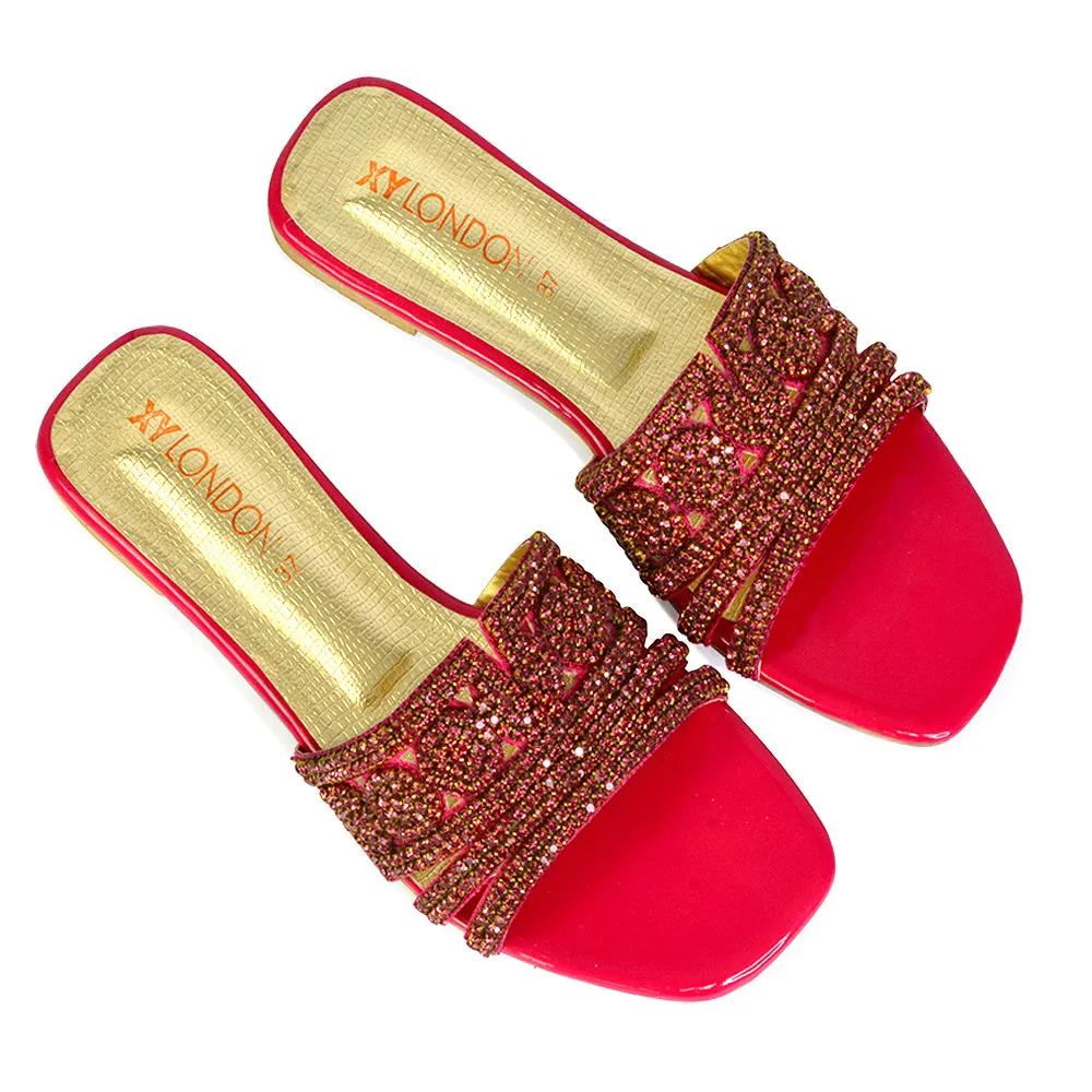 Sam Cut Out Square Toe Sparkly Front Strap Flat Diamante Sandals in Pink sold by XYlondon product image thumbnail 3