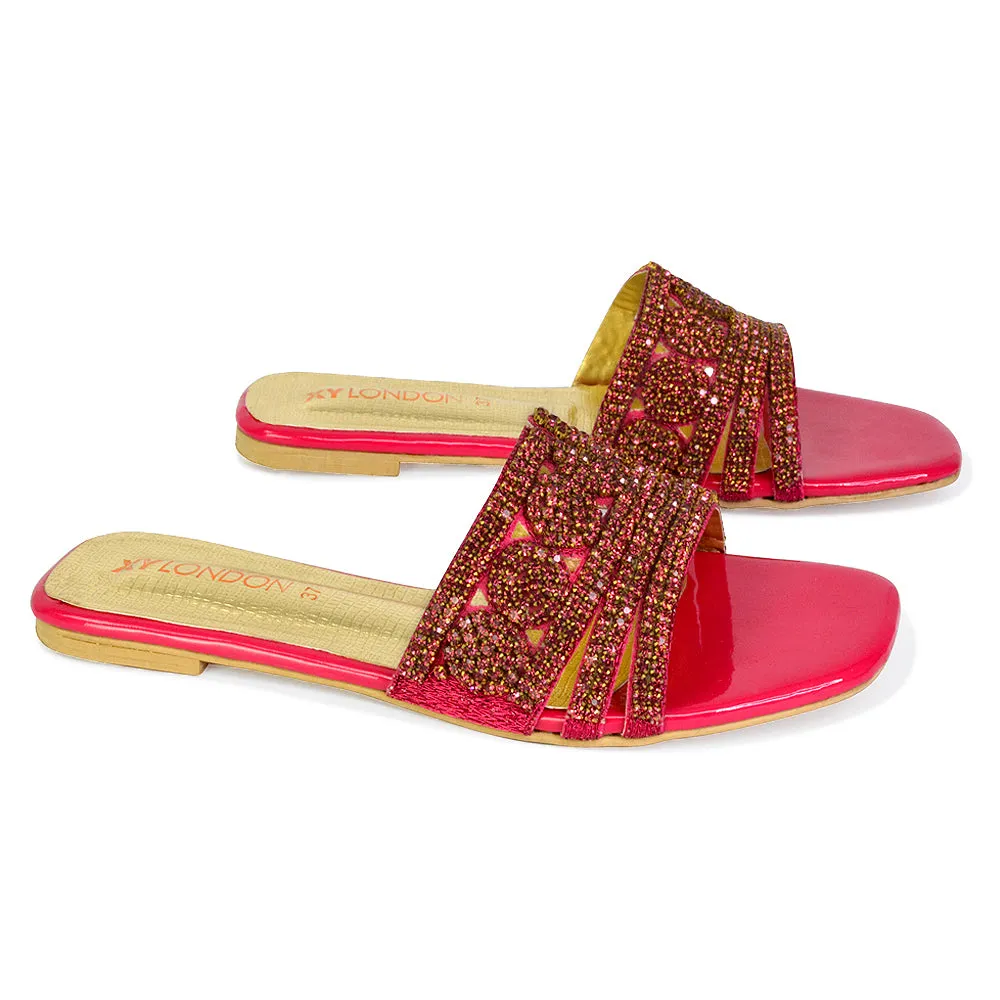 Sam Cut Out Square Toe Sparkly Front Strap Flat Diamante Sandals in Pink sold by XYlondon