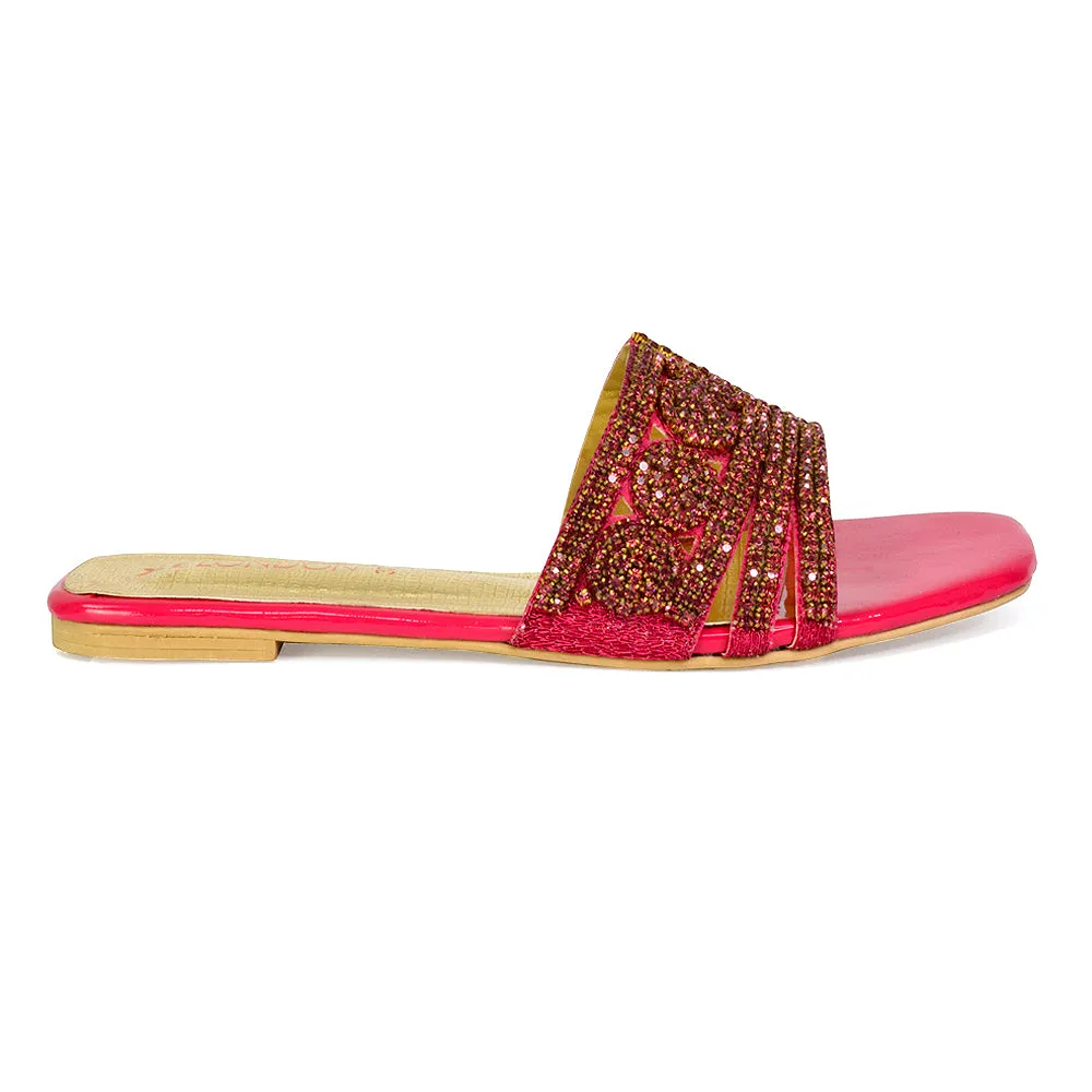 Sam Cut Out Square Toe Sparkly Front Strap Flat Diamante Sandals in Pink sold by XYlondon product image thumbnail 2