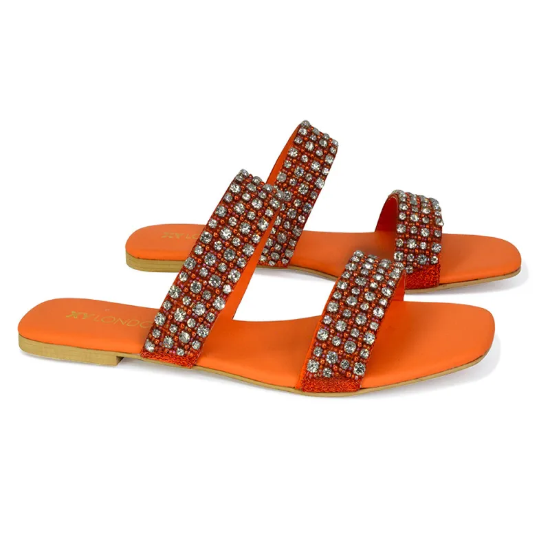 Justina Sparkly Embellished Square Toe Double Strappy Flat Diamante Sandals in Orange sold by XYlondon