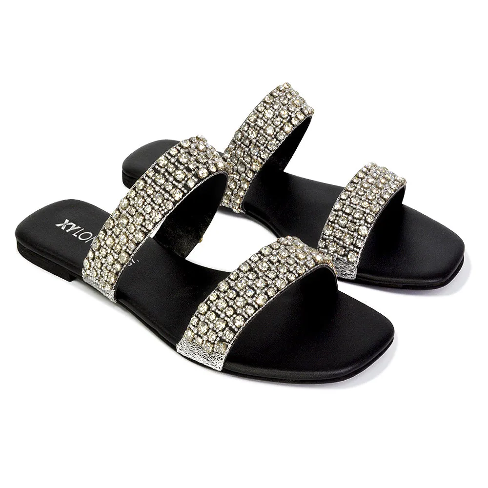 Justina Sparkly Embellished Square Toe Double Strappy Flat Diamante Sandals in Black sold by XYlondon product image thumbnail 3