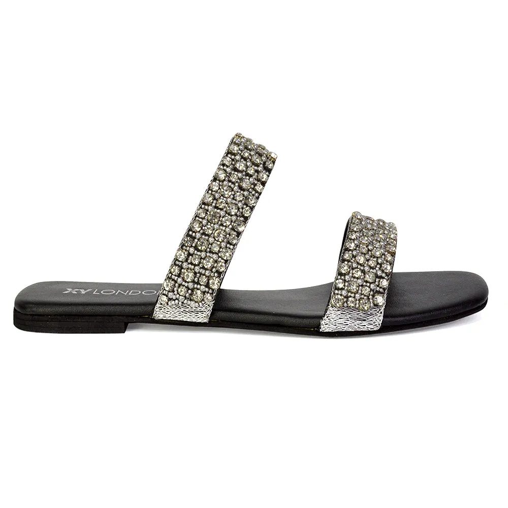 Justina Sparkly Embellished Square Toe Double Strappy Flat Diamante Sandals in Black sold by XYlondon product image thumbnail 2